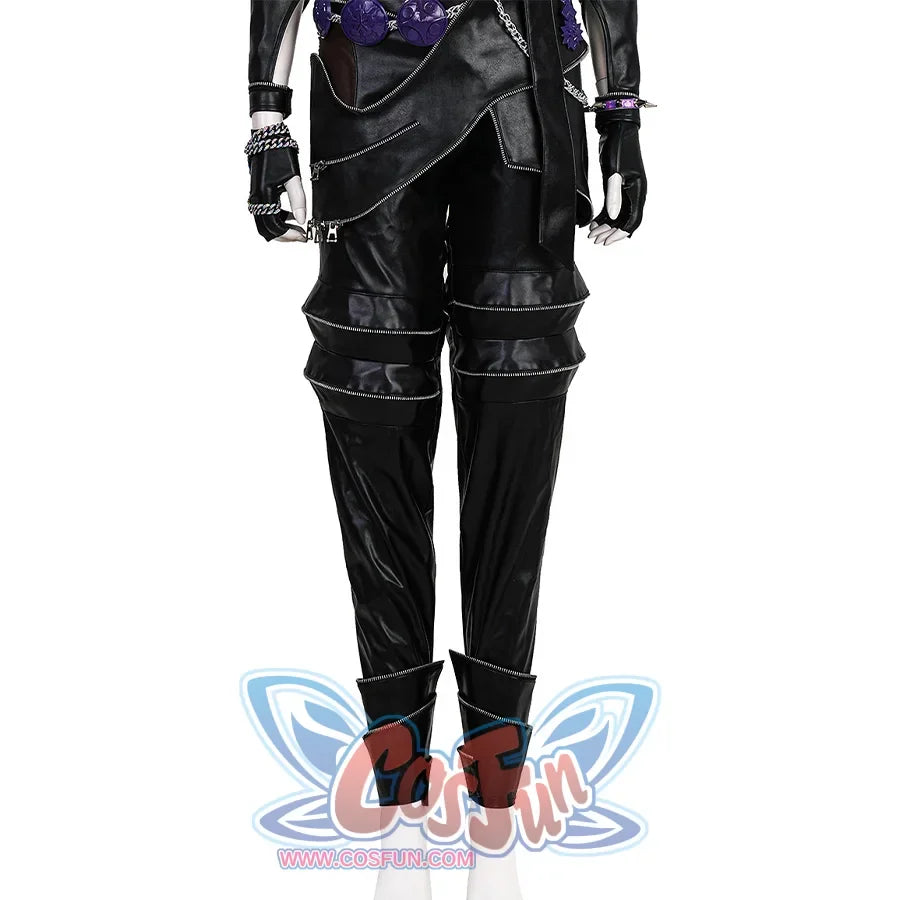 Zoey Cosplay Costume KILLER Black Suit&#39;s pants is made of black PU leather, multiple leather straps are tightly connected by zippers, creating a wavy effect, with zippers and rolled cuffs at the hems.