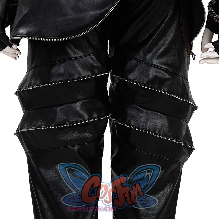 Zoey Cosplay Costume KILLER Black Suit&#39;s pants, multiple leather straps are tightly connected by zippers, creating a wavy effect, with zippers and rolled cuffs at the hems.