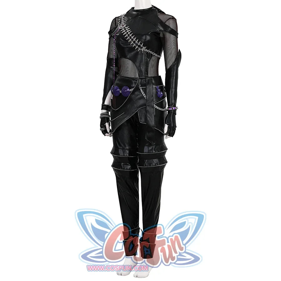 Zoey Cosplay Costume KILLER Black Suit&#39;s right side view, it is mainly black, with a mix of PU leather and mesh fabrics, matching PU leather glove cuffs,the top is tight-fitting, metal chain decorations on the shoulders and chest, purple round ornaments and metal chains on the waist, and the pants are also designed, mainly black leather, with zippers and rolled cuffs at the hems.