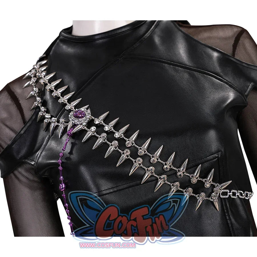 Zoey Cosplay Costume KILLER Black Suit has a metal chain decorations on the shoulders and chest, a purple chain hang from shoulders to waist.waist.