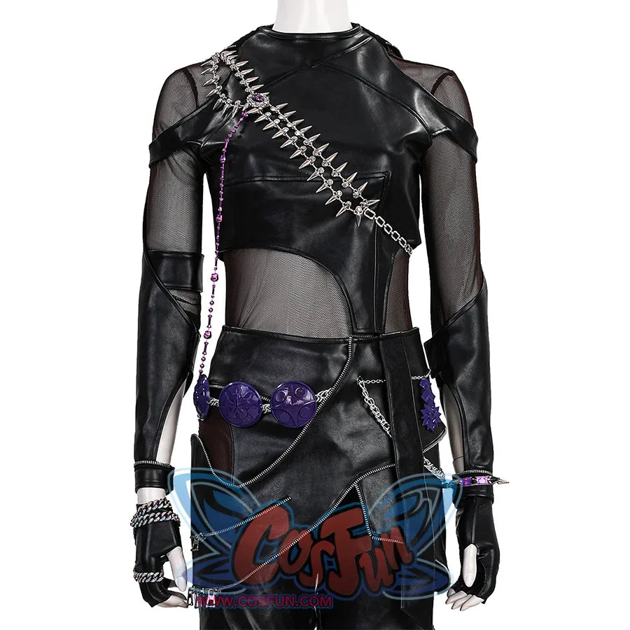 Zoey Cosplay Costume KILLER Black Suit is mainly black, with a mix of PU leather and mesh fabrics, matching PU leather glove cuffs,the top is tight-fitting, metal chain decorations on the shoulders and chest, purple round ornaments and metal chains on the waist.