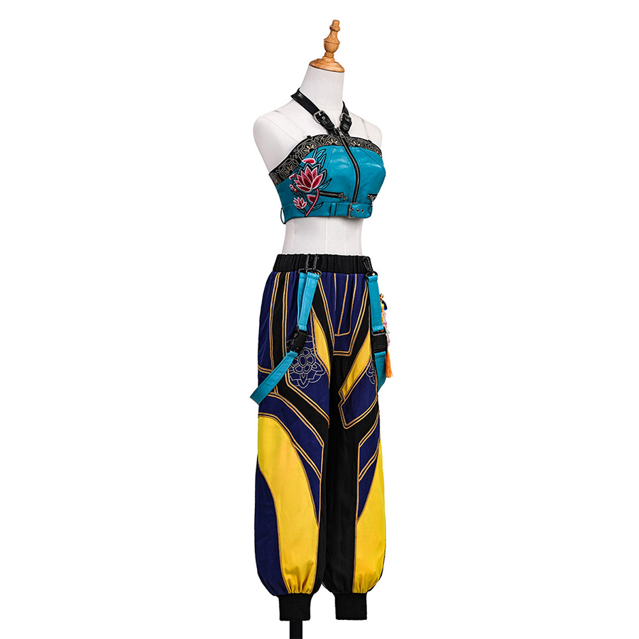 Zoey Cosplay Costume, blue, navy and yellow outfit, the right side of the suspender has floral embroidery.