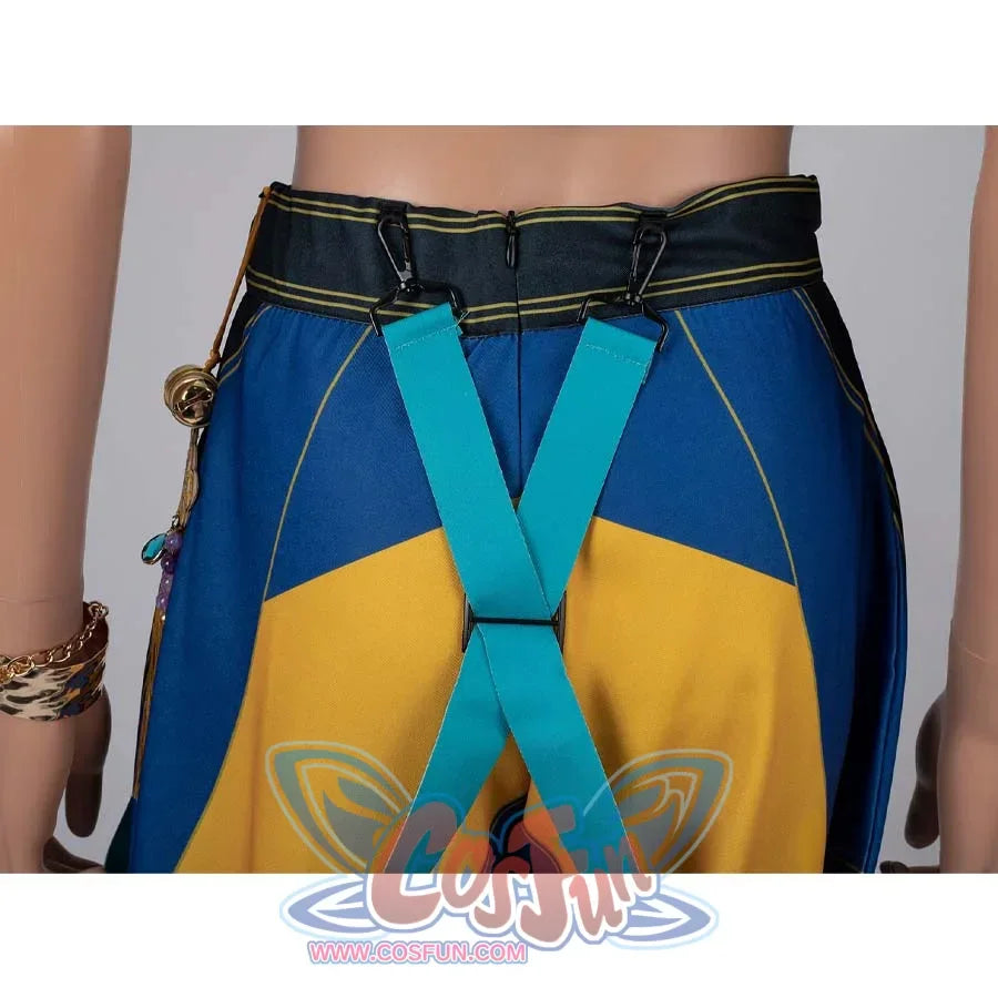 Back view highlighting the turquoise X - shaped suspenders and waist hardware on Zoey’s cosplay pants.