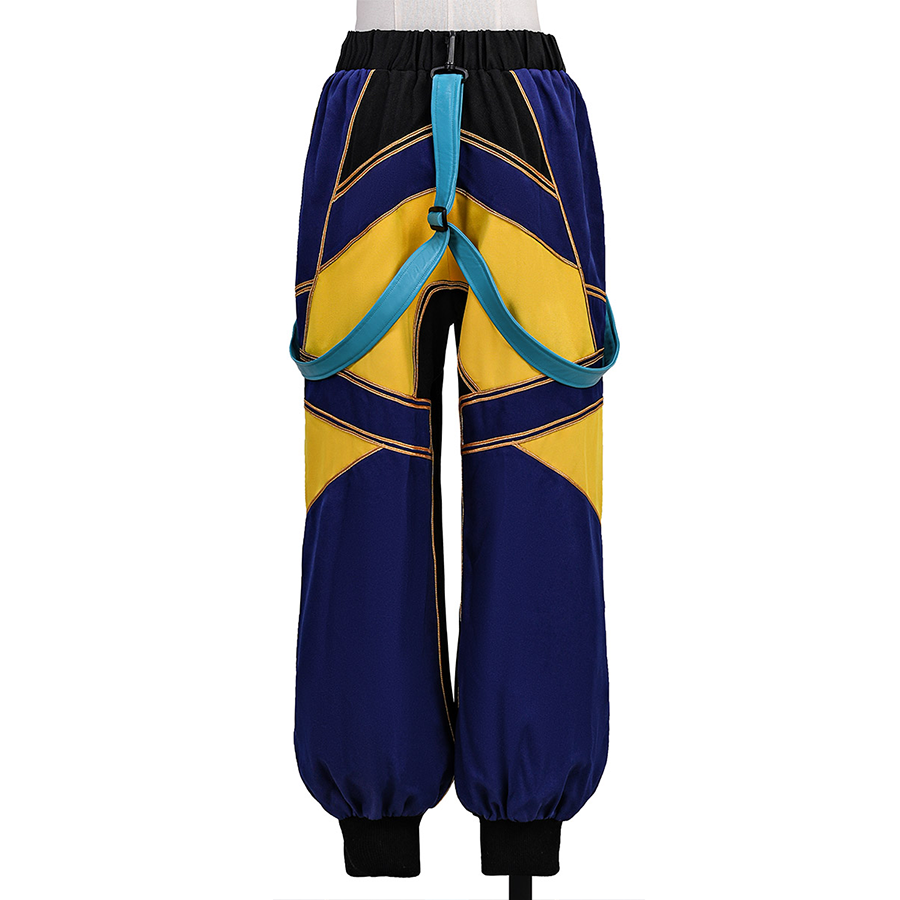 Zoey Cosplay Costume, yellow, navy, and black pants. back view.