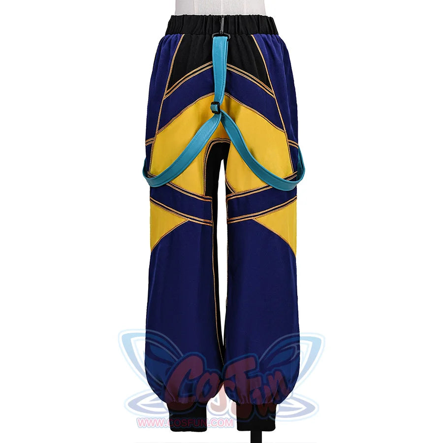 Zoey Cosplay Costume, yellow, navy, and black pants. back view.