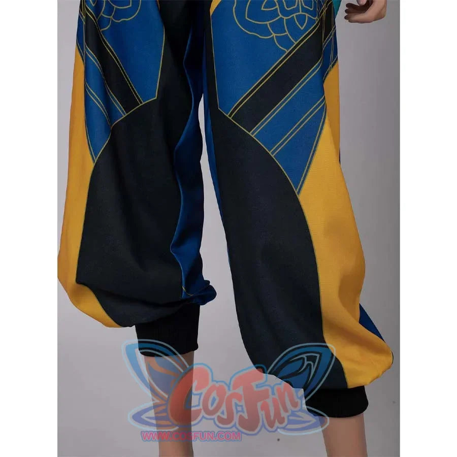 Close - up of the tapered cuffs on Zoey’s cosplay pants, showcasing blue - yellow patterns and black trim.