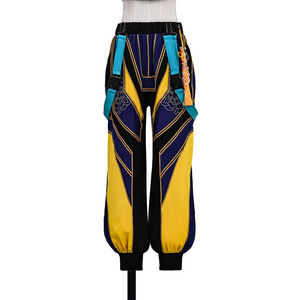 Zoey Cosplay Costume, the pants feature a dynamic color-block design composed of yellow, navy, and black sections.