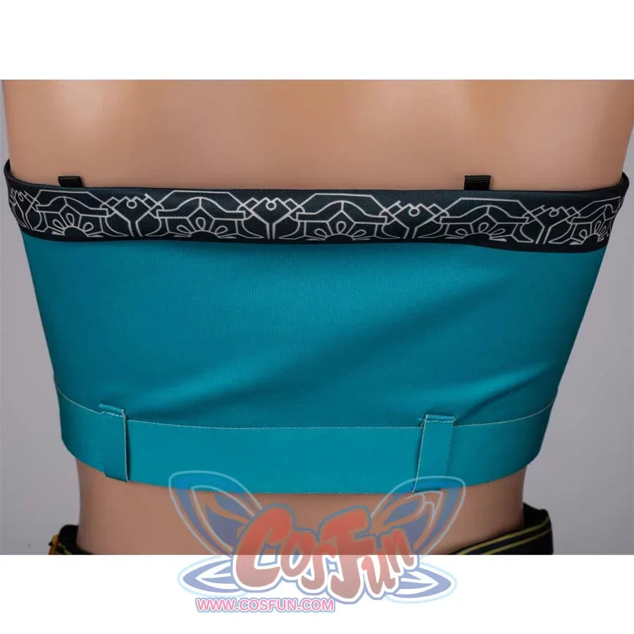 Close - up of the intricate patterned trim along the top edge of Zoey’s cosplay crop top.