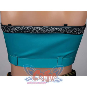 Close - up of the intricate patterned trim along the top edge of Zoey’s cosplay crop top.