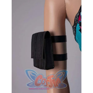 Close - up of a black thigh pouch with elastic straps, part of Zoey’s cosplay outfit.