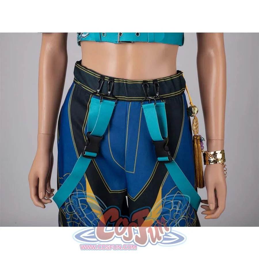 Back view highlighting the turquoise X - shaped suspenders and waist hardware on Zoey’s cosplay pants.