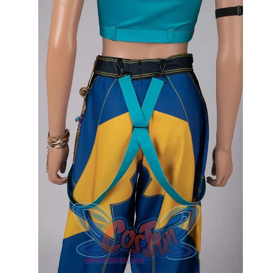 Back view of Zoey’s cosplay pants, showcasing blue - yellow patterns and turquoise X - shaped suspenders.