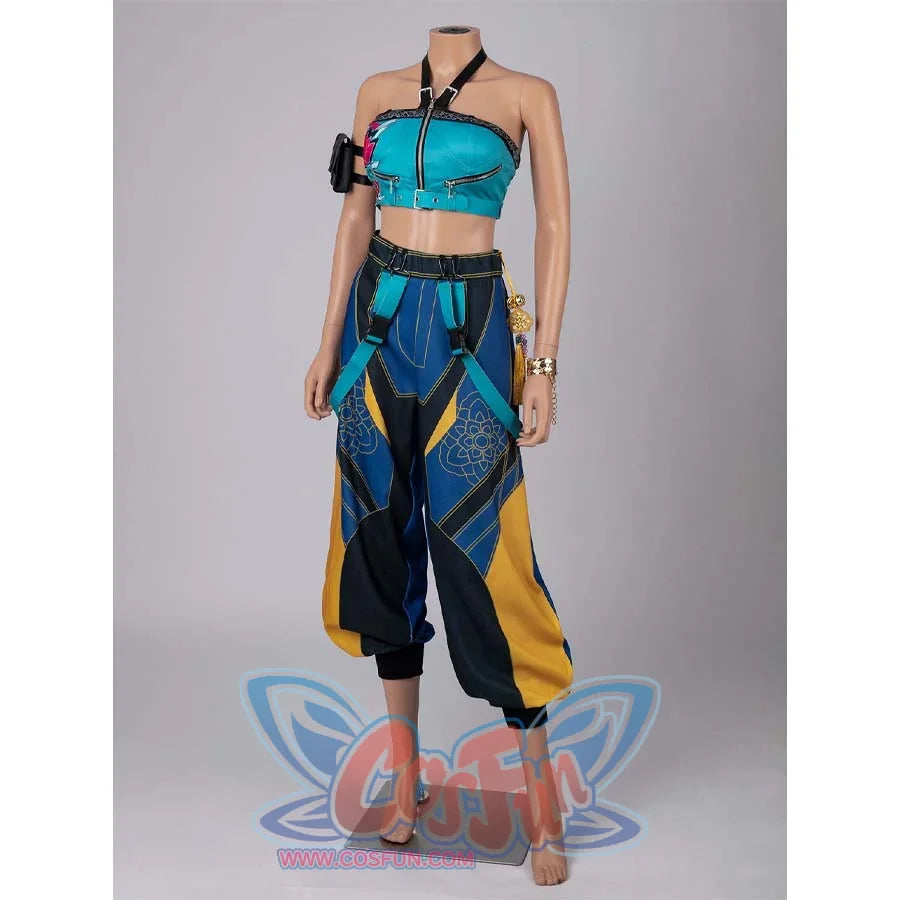 Another full - body display of the Zoey cosplay costume, highlighting the detailed top, pants, and arm accessory.
