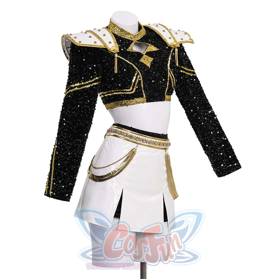 A side view of the Zoey cosplay costume with a bit different presentation, highlighting the black sequined crop top, gold - trimmed details, and the white skirt adorned with gold chains.