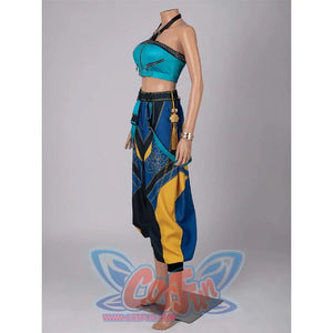 Side perspective of the Zoey cosplay costume, emphasizing the unique pant design, waist accessories, and layered bracelets.