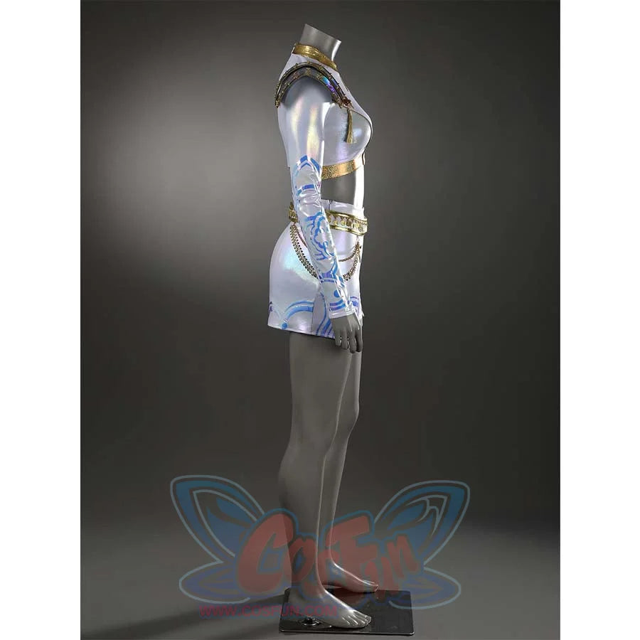 Shows the side profile of Zoey’s costume, highlighting the fitted crop top, iridescent skirt, and structured shoulder pads for a dynamic look.