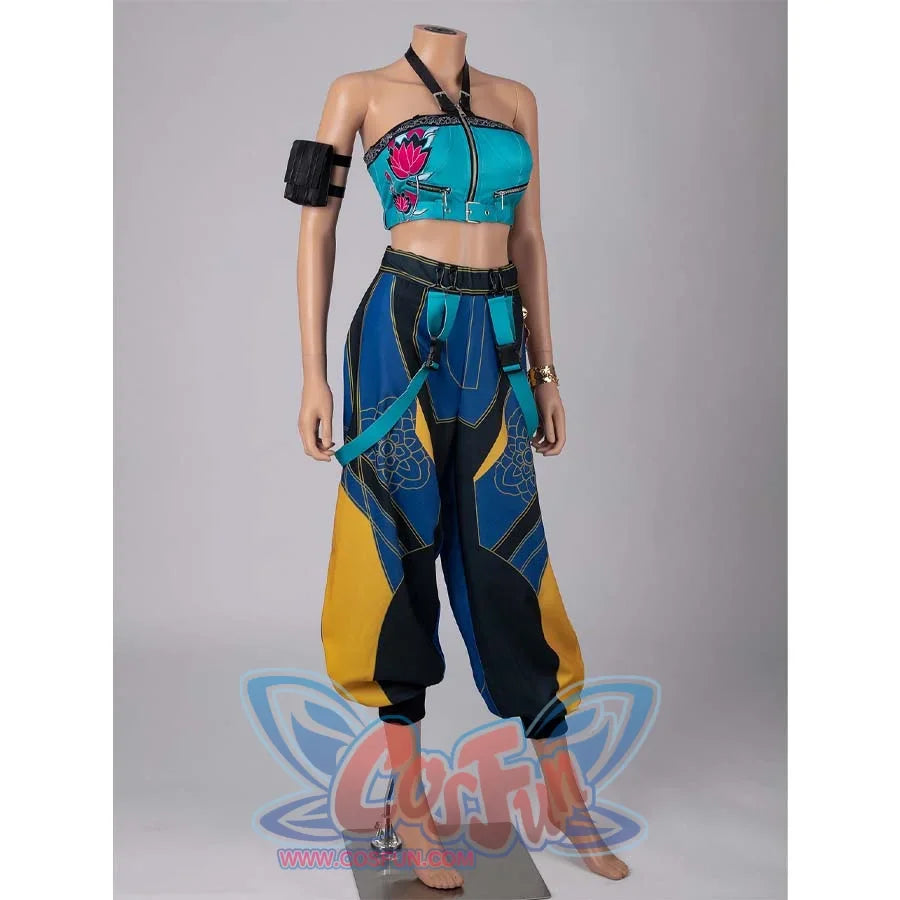 Mannequin dressed in the complete Zoey cosplay outfit, showcasing the turquoise crop top, patterned harem pants, and accessories.