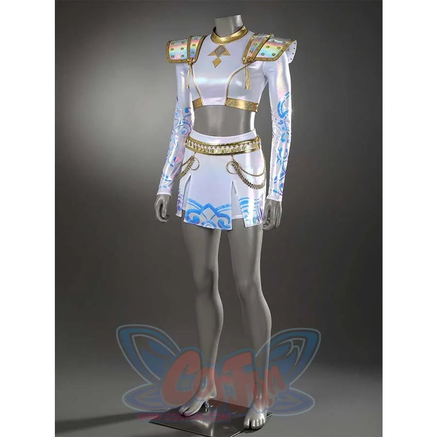 Highlights the front of Zoey’s outfit—glossy fabric, gold - trimmed top, and skirt with chain details, emphasizing its elaborate craftsmanship.