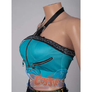 Angled detailed view of the Zoey cosplay crop top, highlighting the neckline, straps, and patterned trim.