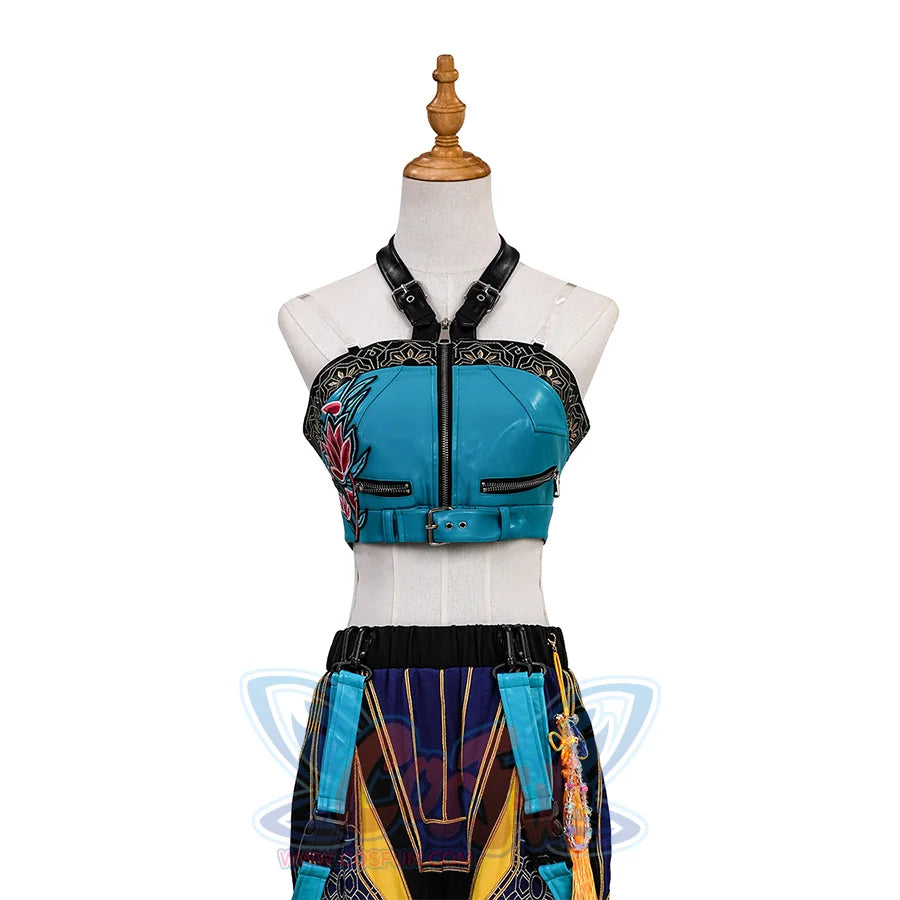 Zoey Cosplay Costume, blue and black cropped top, it features a front zipper closure.