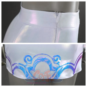 Highlights the side zipper of Zoey’s skirt and the iridescent blue - purple patterns on the hem, capturing close - up details.