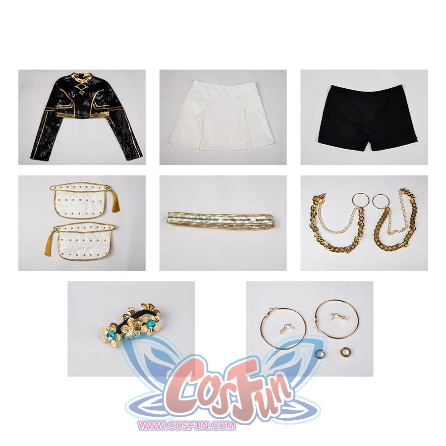 Zoey Cosplay Costume set, includes top, skirt, shoulder accessories, belt, waist accessories, earrings, and head accessories.