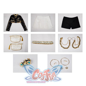 Zoey Cosplay Costume set, includes top, skirt, shoulder accessories, belt, waist accessories, earrings, and head accessories.