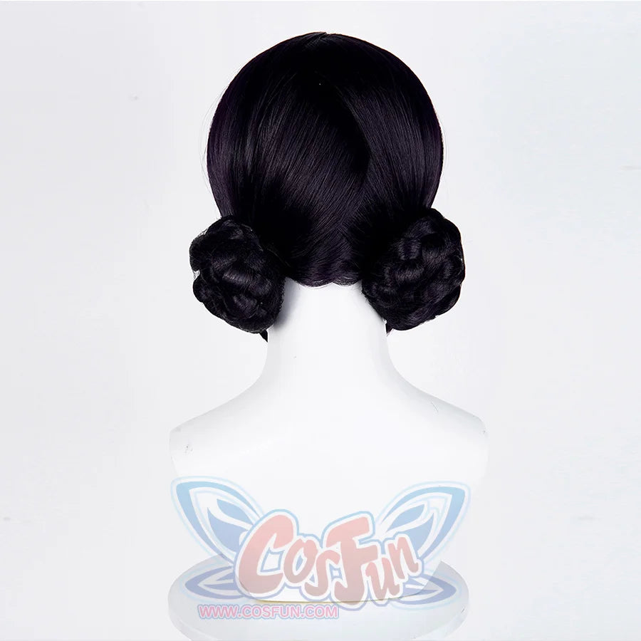 The back view of a black cosplay wig with two buns, shown on a mannequin head, along with a close-up circle of one bun’s hair strands.