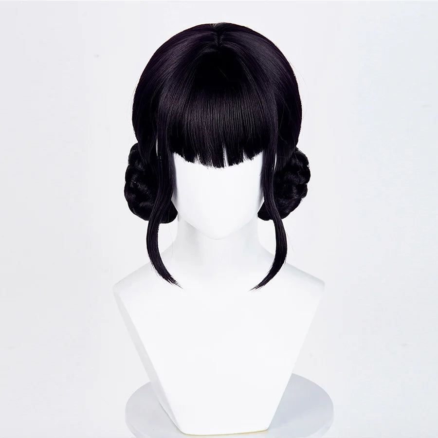 A black cosplay wig featuring straight bangs and two side buns, displayed on a mannequin head against a plain background.