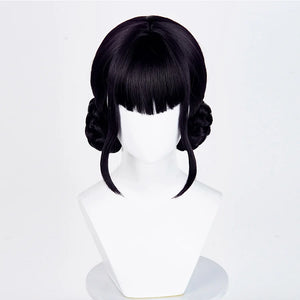 A black cosplay wig featuring straight bangs and two side buns, displayed on a mannequin head against a plain background.