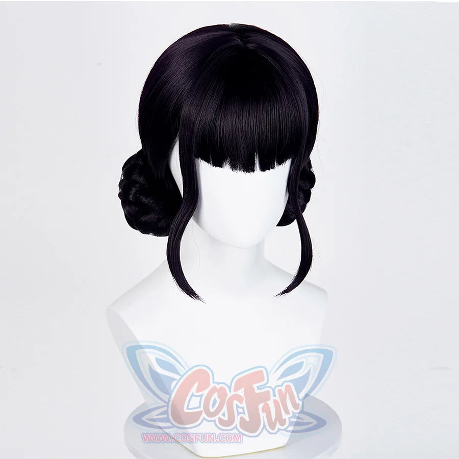 A black cosplay wig featuring straight bangs and two side buns, displayed on a mannequin head against a plain background.