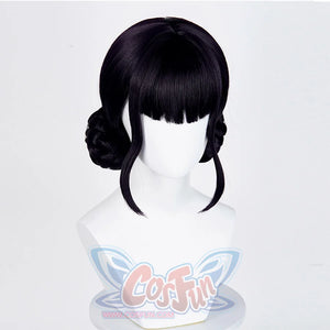 A black cosplay wig with straight bangs and a side bun, presented on a mannequin head, accompanied by a close-up circle of the hair strands.
