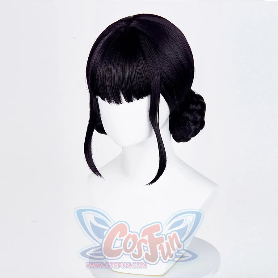 A black cosplay wig with straight bangs and a single side bun, shown on a mannequin head from the side.