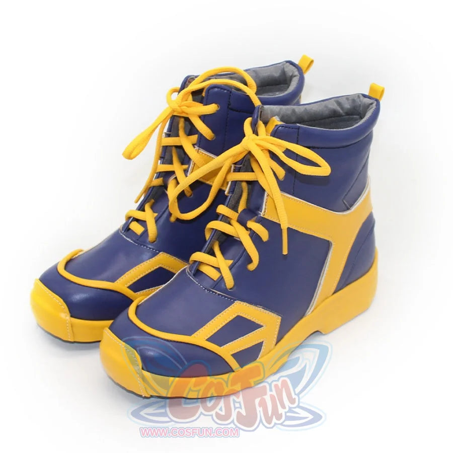 Blue mid-top cosplay boots featuring yellow details and laces, displayed from the front on a white backdrop.
