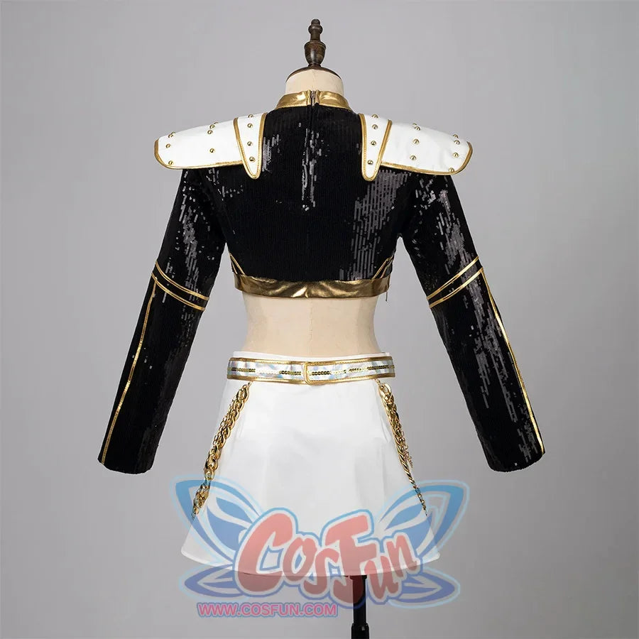 Displays the back of Zoey’s costume, highlighting the gold - trimmed jacket, sequin details, and the structured shoulder pads, emphasizing its detailed craftsmanship.