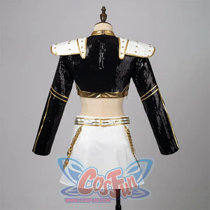 Displays the back of Zoey’s costume, highlighting the gold - trimmed jacket, sequin details, and the structured shoulder pads, emphasizing its detailed craftsmanship.