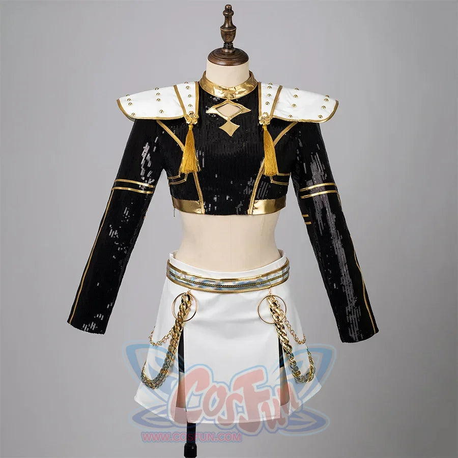 Zoey cosplay costume idol stage outfit showcase: The top is a black cropped jacket adorned with gold trims and sequins, featuring white shoulder pads with gold studs and tassels. The skirt is white, embellished with gold chains and a decorative belt. The overall design is elegant and eye.