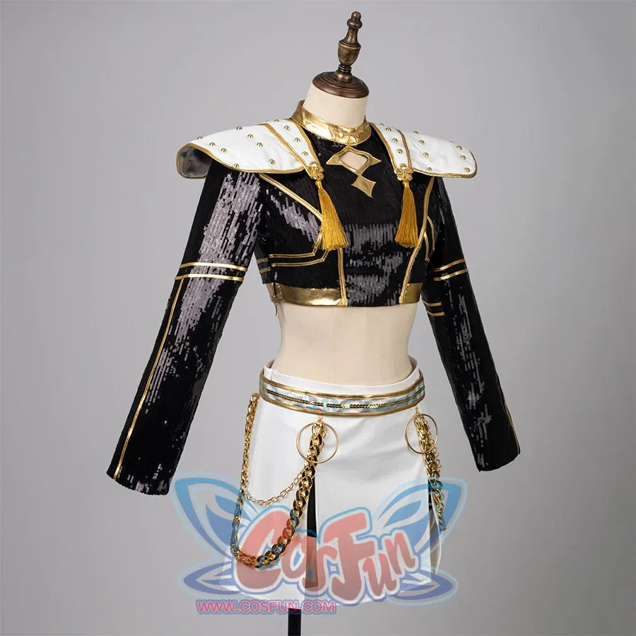 Presents the complete Zoey costume, featuring a black sequin-covered top, white skirt, gold-trimmed shoulder pads, and chain accessories, showcasing its stage-ready design.