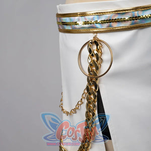 Zoey Cosplay Costume 's shorts with white PU leather with golden chains.