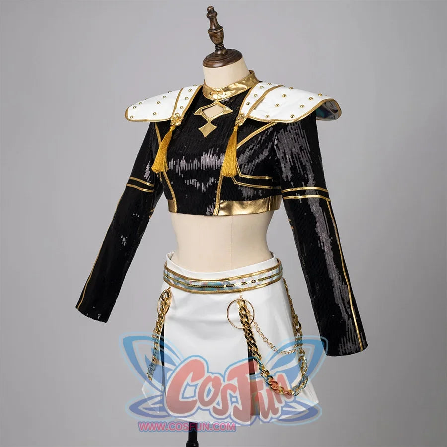 Presents the complete Zoey costume, featuring a black sequin-covered top, white skirt, gold-trimmed shoulder pads, and chain accessories, showcasing its stage-ready design.