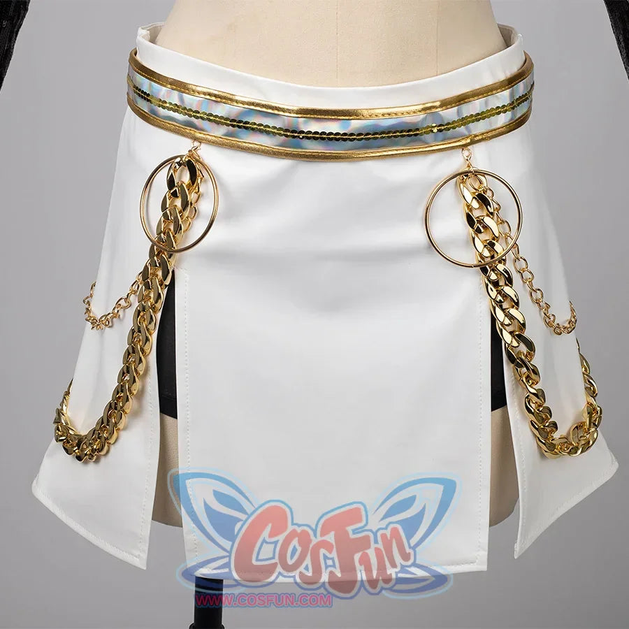 Zoey Cosplay Costume &#39;s skirt with white PU leather with golden chains.