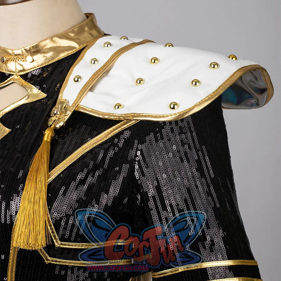 Highlights the white shoulder pads of Zoey’s costume, adorned with gold studs and flower - shaped decorations, emphasizing the structured and decorative shoulders.