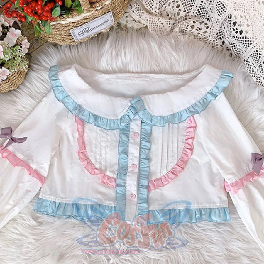 Sweet High Waist Lolita Jumper Skirt Sets White and Blue / S / Shirt
