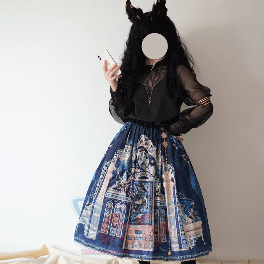 Egypt Style Simple Daily Lolita Printed Long Skirt Dark Blue / XS
