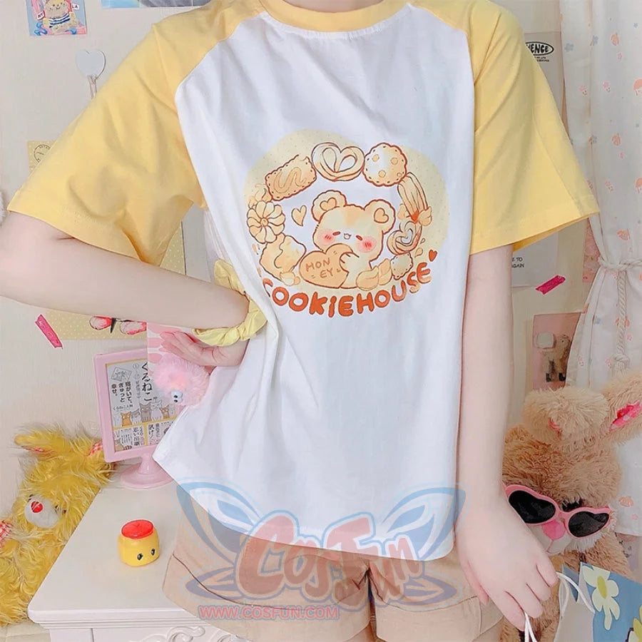 Japanese Cartoon Printed Short-sleeved Top Loose Top / Bear / S