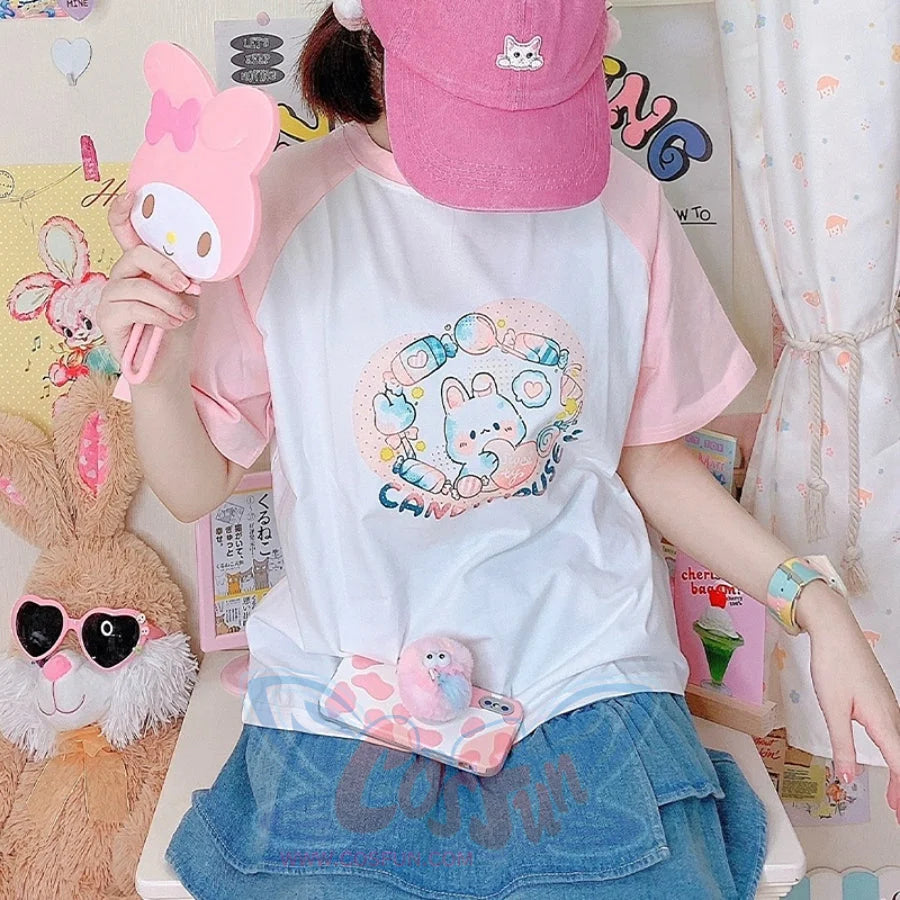 Japanese Cartoon Printed Short-sleeved Top Loose Top / Rabbit / S