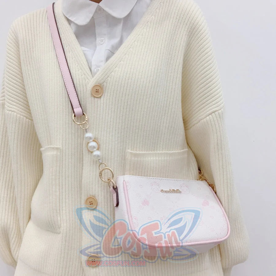 New Style Vintage Printed Bear Crossbody Bag White and Pink