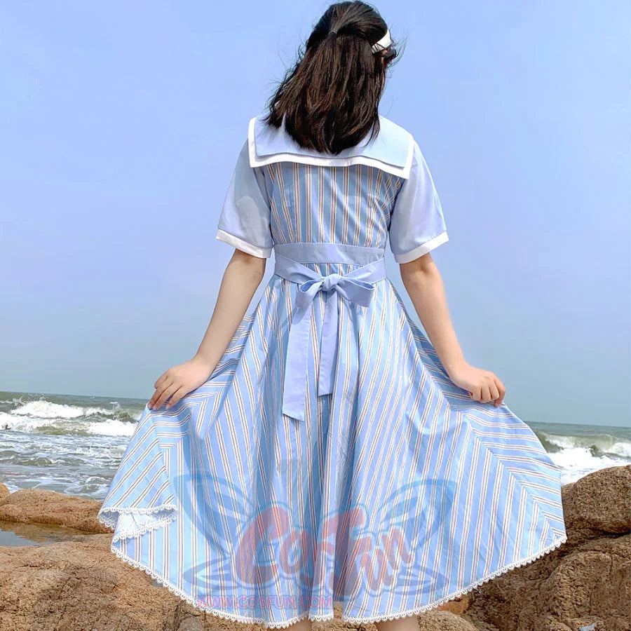 Summer Color Blocking Stripe Short-sleeved Dress - cosfun