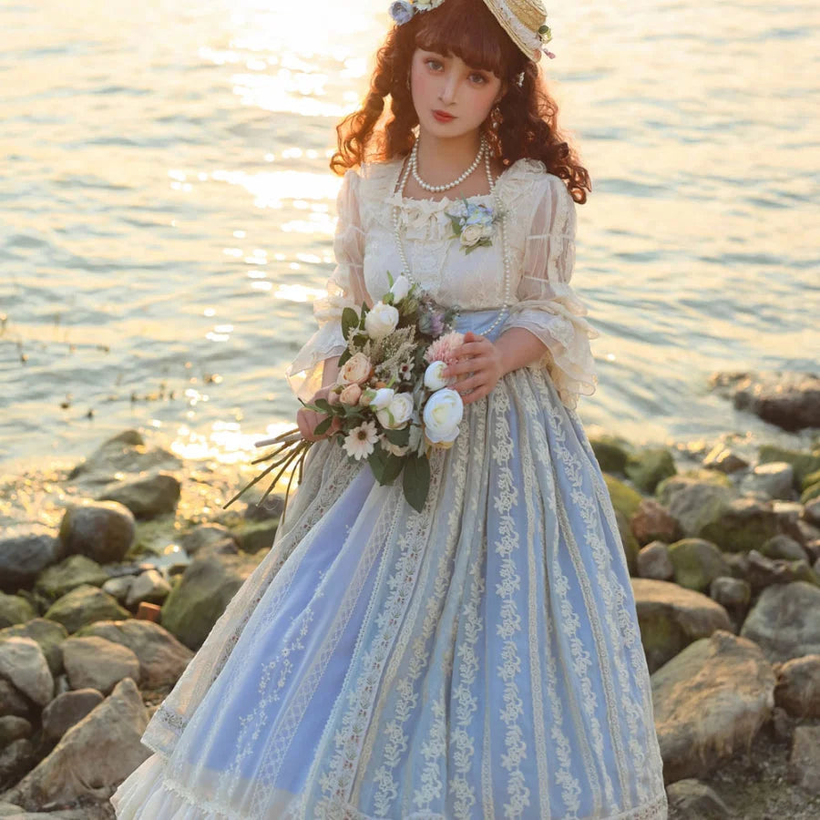 Spring Elegant Embroidered Lolita High Waist Skirt Light Blue / S