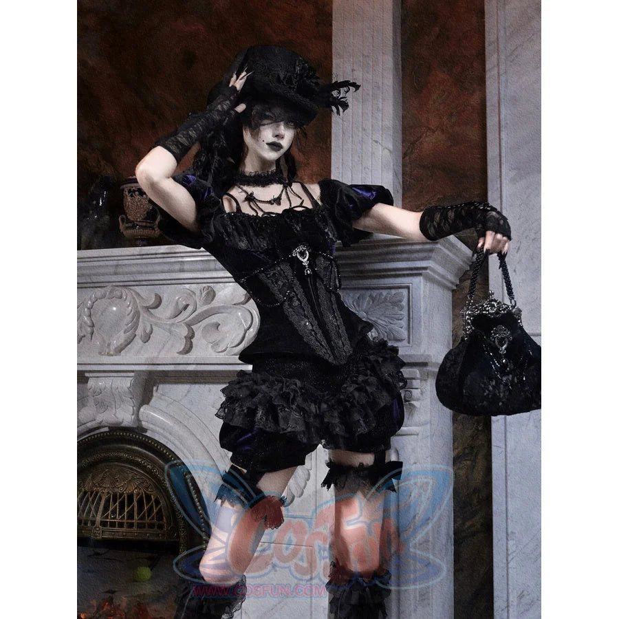 Full-body styled photo of a model wearing the black Gothic Victorian flat-top hat with a black Victorian-style dress featuring ruffles and lace details